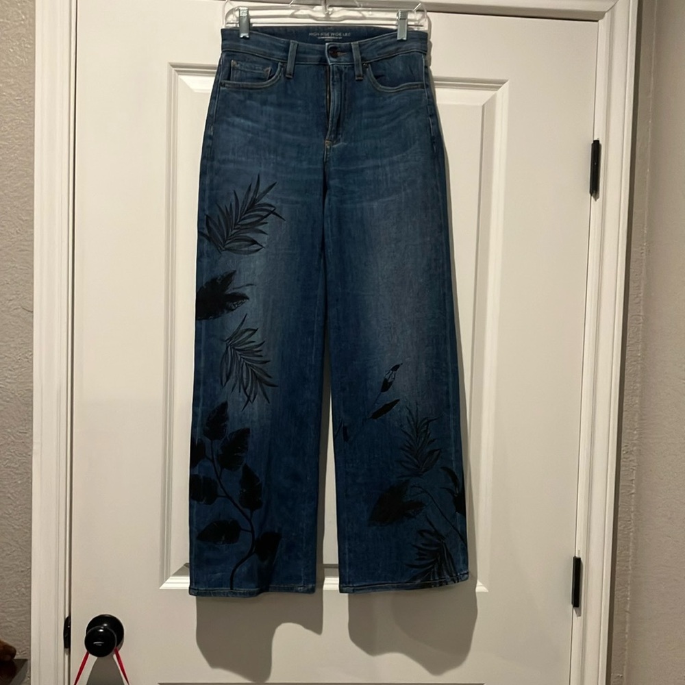 Chico’s Women's High Rise Wide Leg Blue Jeans with Black Floral Design-00P (2P)